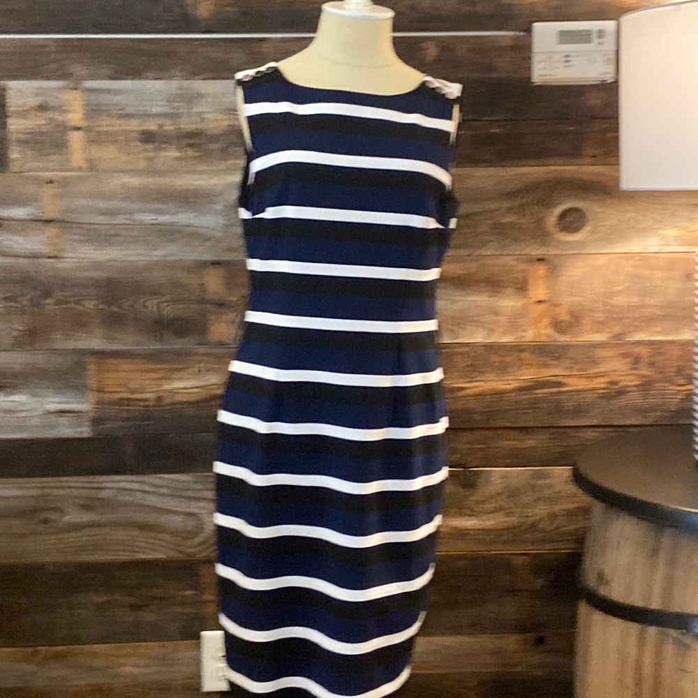 White House Black Market Blue Black White Striped Sleeveless Dress (10)